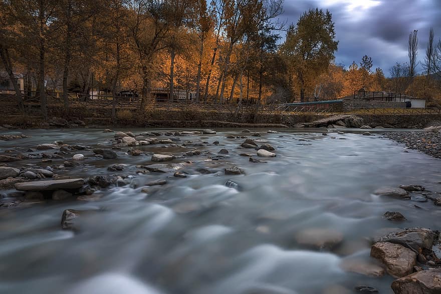 River, Rocks, Water, Flow, Flowing Water, Cascading, Torrent, Autumn, Long Exposure, Trees, Nature