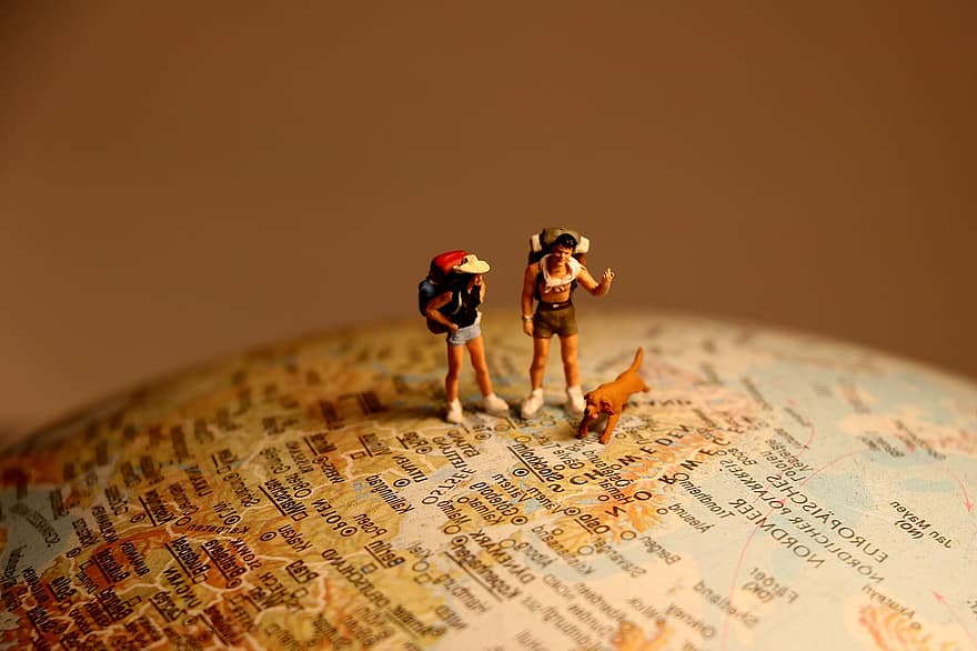 maapallo, kartta, maailman-, miniatyyri, matkustaa, maailmanmatkaaja, matkustajat, koira