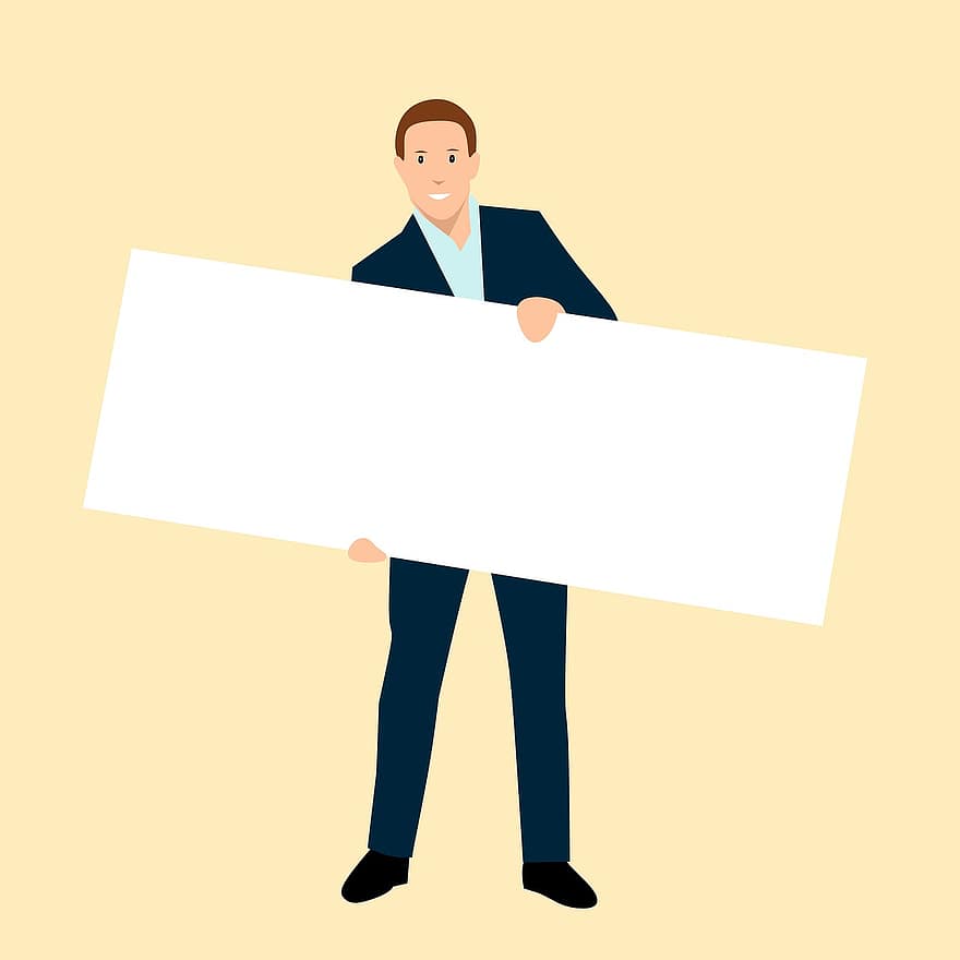 Business, Man, Holding, Blank, Board, Copy Space, White, Advertisement, Announcement, Cartoon Character, Idea