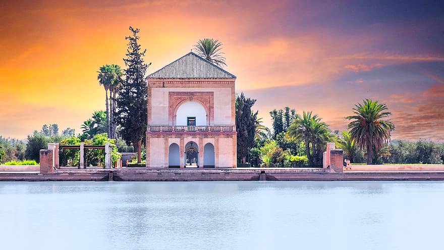 κήπους με μενταγιόν, περίπτερο, λίμνη, νερό, Κτίριο, Βοτανικός κήπος, ιστορικός, τουριστικό αξιοθέατο, ο ΤΟΥΡΙΣΜΟΣ, marrakesh, μαροκινός