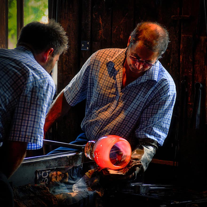 Glassblowing, Glassblower, Glass, Blowing, Traditional, Craft, Tools, men, working, adult, males
