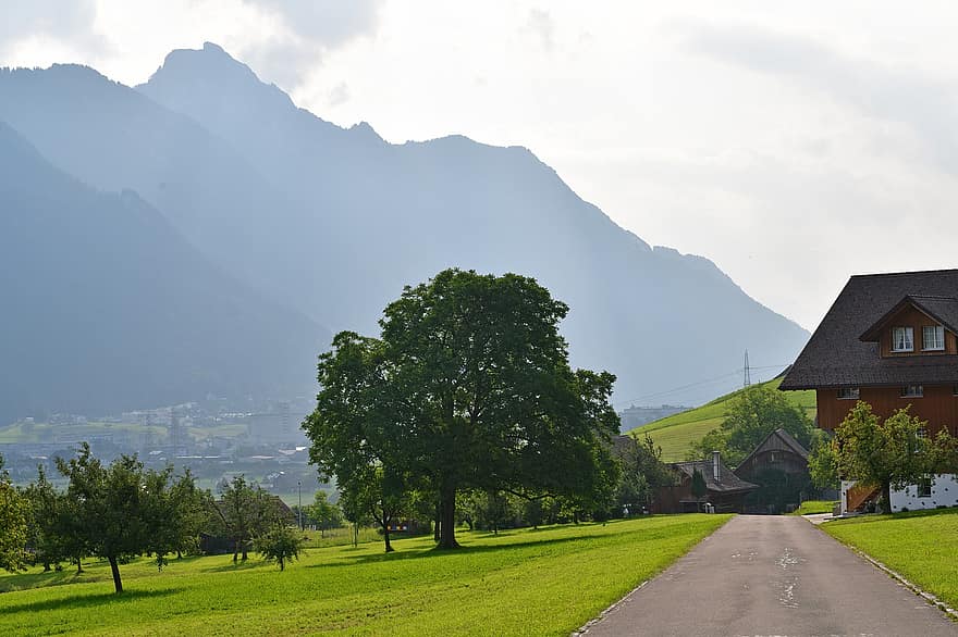 Schwyz, by, vei, bygning, hus, landlig, sti, felt, fjellene, tåke, landsbygda