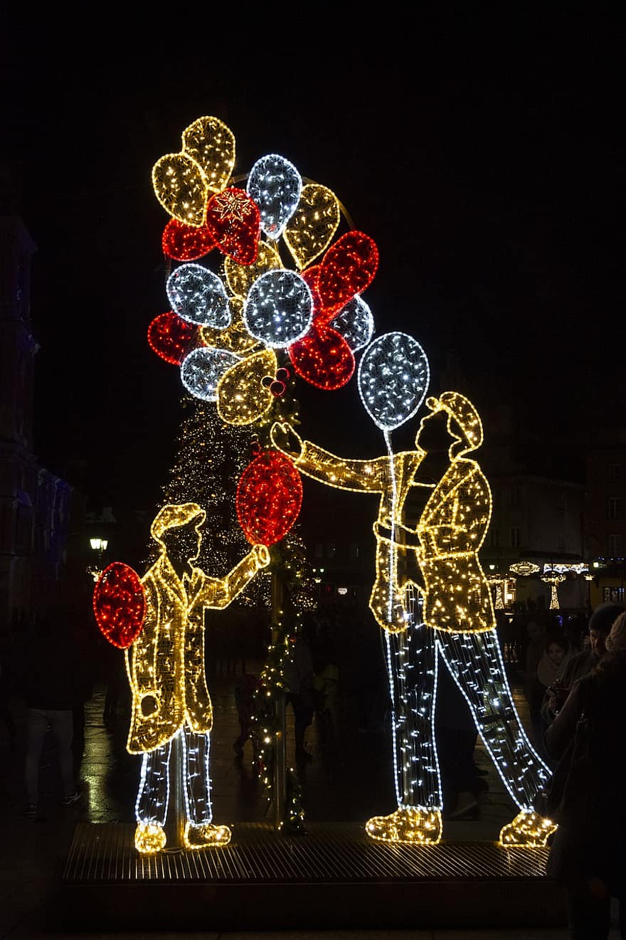 Varsovia, nit, decoració al carrer, Polònia, celebració, homes, il·luminat, multicolor, joia, diversió, decoració