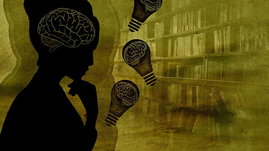 жінка, мозку, лампочка, розум, книги, бібліотека, психологія, вивчення, вчитися, навчання, ідея