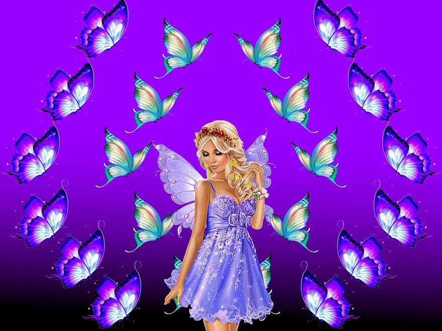 紫の、蝶々、妖精、ファンタジー、ピクシー、女性、キャラクター、アバター、デジタルアート