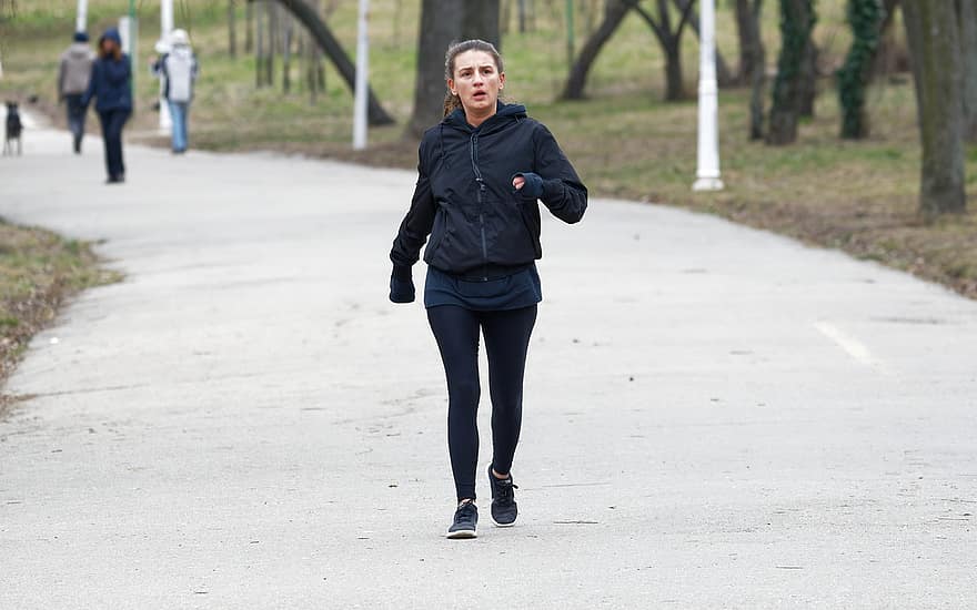 femeie, alergare, natura, parc, iarnă, exercițiu, sport