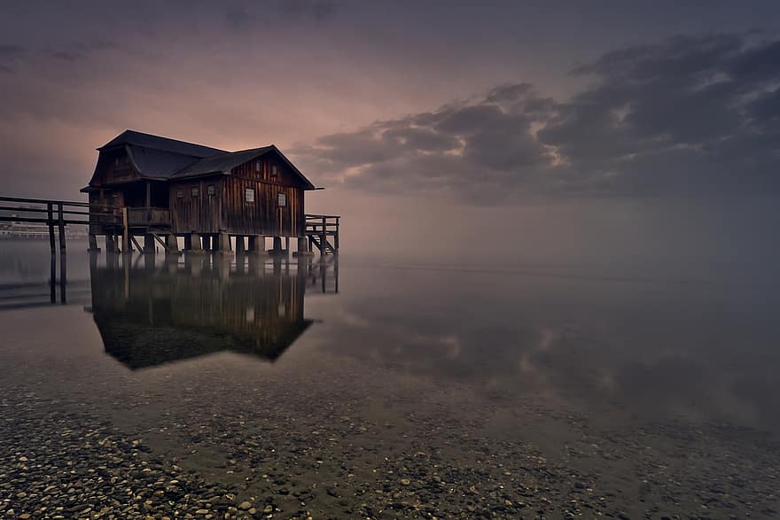 Ammersee, lac, casa pe barca, doc, zori de zi, ceaţă, natură, apă, reflecţie, nori, cer