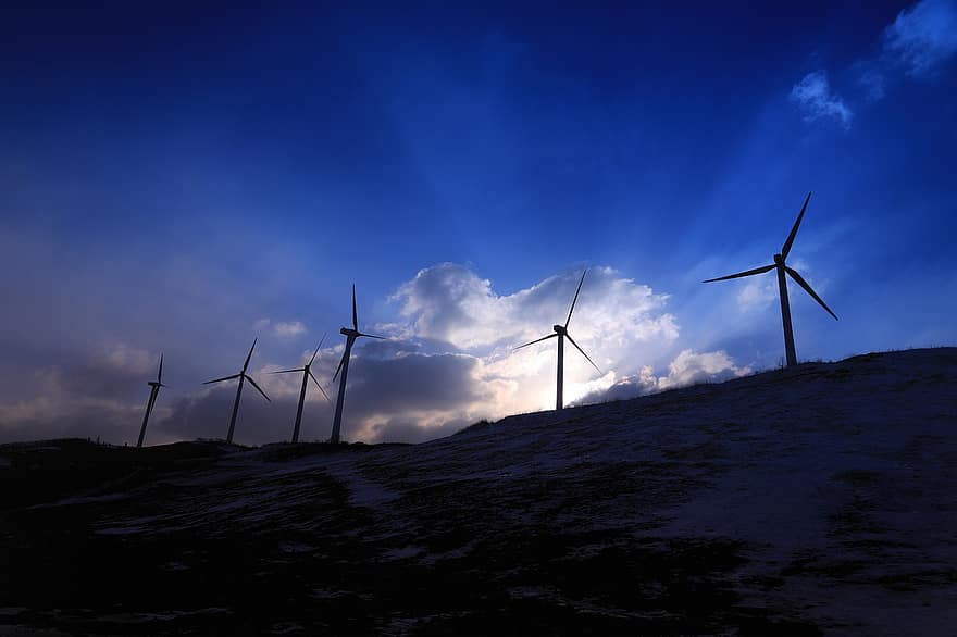 turbin angin, ladang angin, energi angin, matahari, langit, kincir angin, tenaga angin, listrik, horison, alam
