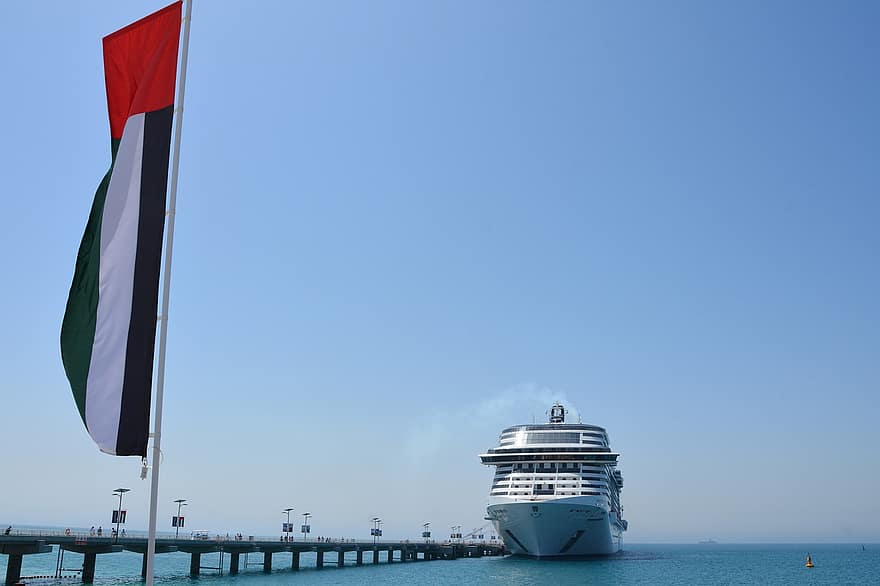 cruise skip, skip, docking, havn, kyst, vannfartøy, hav, uae, emirates, reise, blå