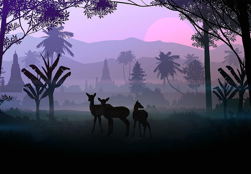 rusa, hutan, gunung, fantasi, pohon, bayangan hitam, pemandangan, matahari terbenam, Afrika, vektor, ilustrasi