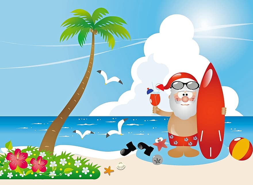 Санта-Клаус на пляже, Рождество на пляже, море, песок, смешной, день отдыха, рождество, зима, время года, воды, океан