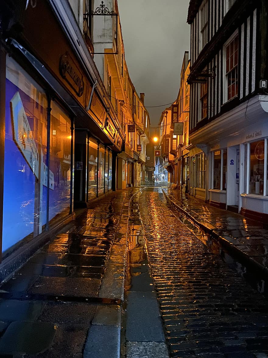 улица, паваж, вечер, вали, размисъл, дъжд, алея, път, сгради, град, нощ