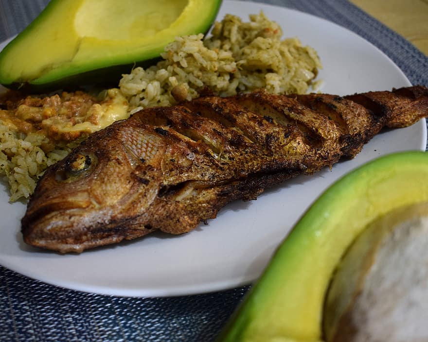 Fried Fish, Rice, Dish, Food, Fish, Gourmet, Seafood, Avocado, Lunch, Dinner, Healthy