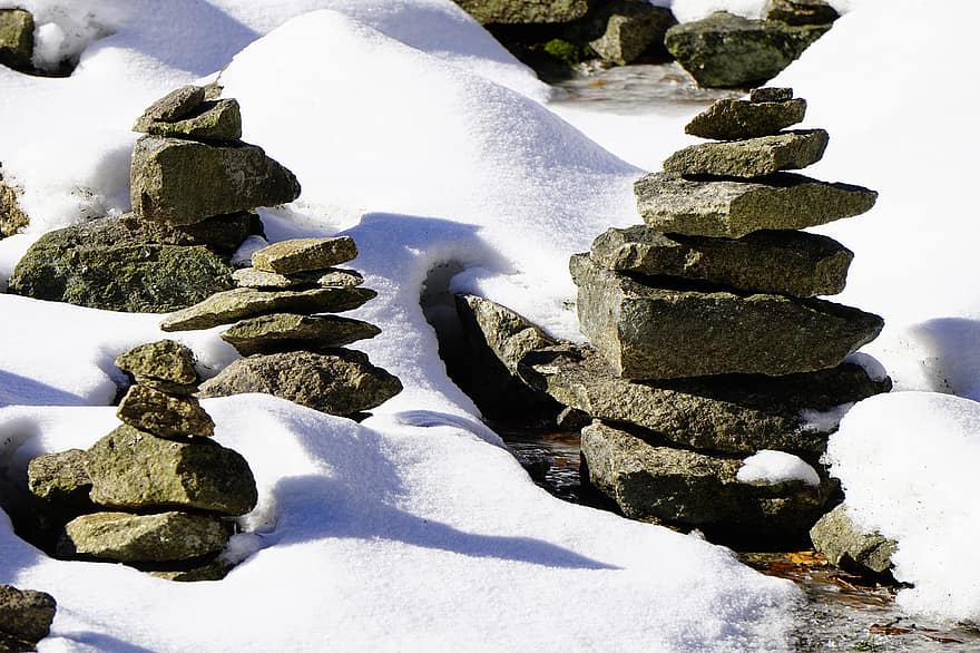 cairn, neve, inverno, rochas, pilha, pedras, equilibrar, natureza