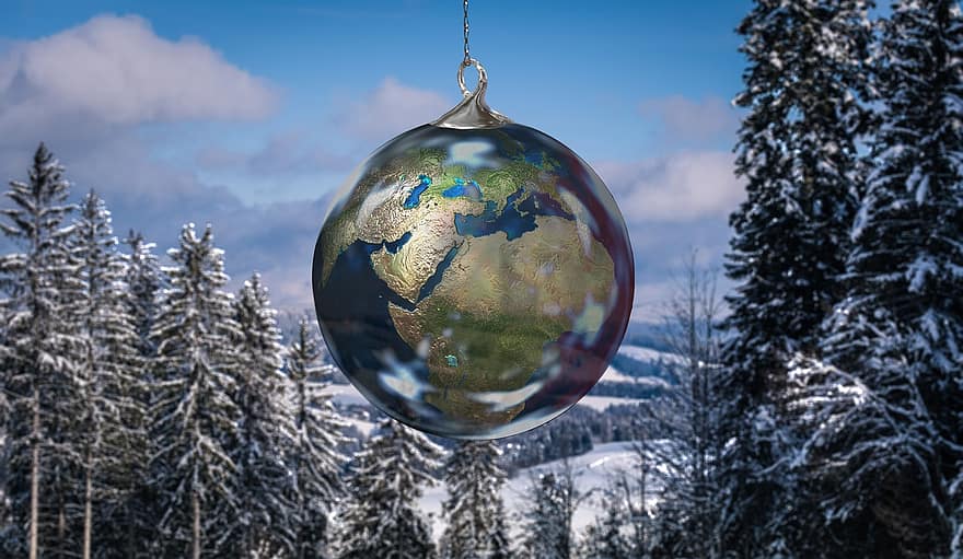 jul, vinter, kloden, julepynt, jord, verden, planet, global, internasjonal, miljø, verdensomspennende