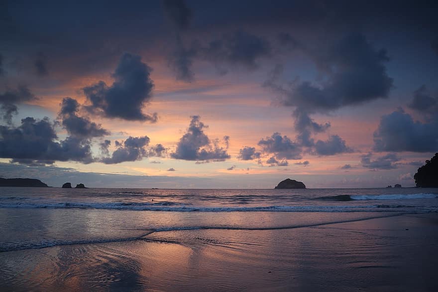 пляж, море, Коста-Рика, заход солнца, природа, пейзаж, ночь, канун, небо