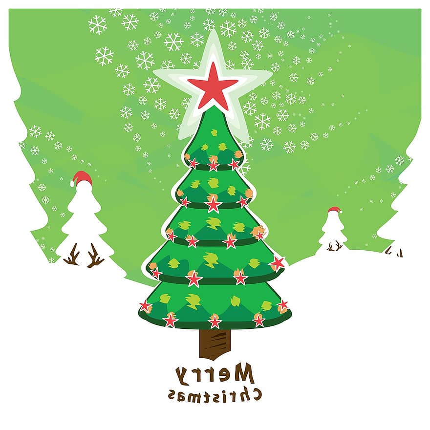 メリークリスマスイブ、モミの木のシルエット、新しいTopstar2020、スノーフレーク、ヒイラギ、クリスマスの装飾、鹿の角、トナカイホーン、サンタレッドキャップハット、雪が降る空、落書きスケッチ