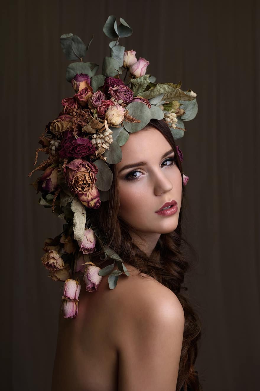Kadın, model, portre, genç kadın, esmer, headdress, güller, Çiçekler, çiçek, omuz, esmer kadın