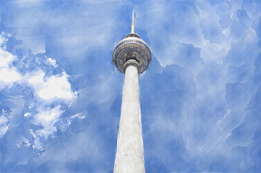 テレビ塔、水彩画、ベルリン、アレクサンダー広場、観光、ランドマーク、アートワーク