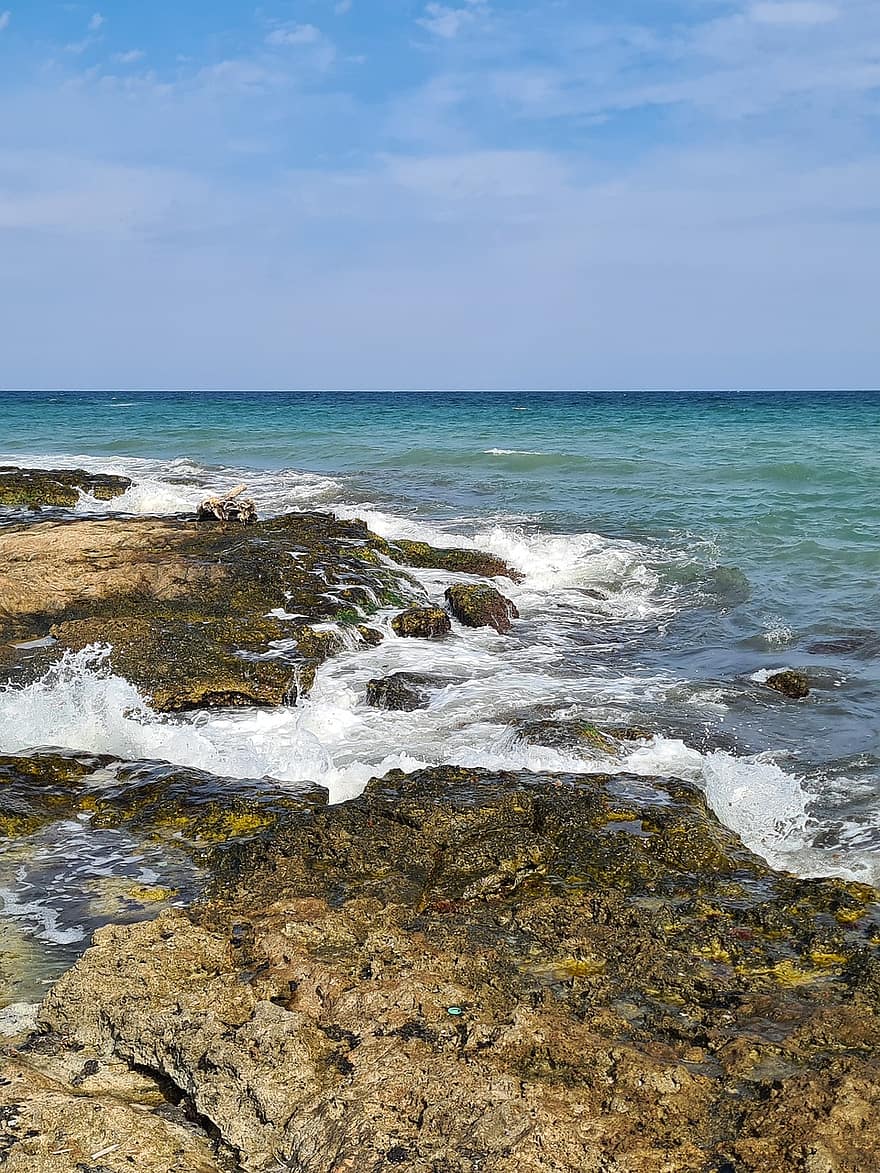 jūra, vilnis, krastā, raksturs, Puglia, ūdens, jūras ainava, horizonts, krasta līnija, zils, vasarā