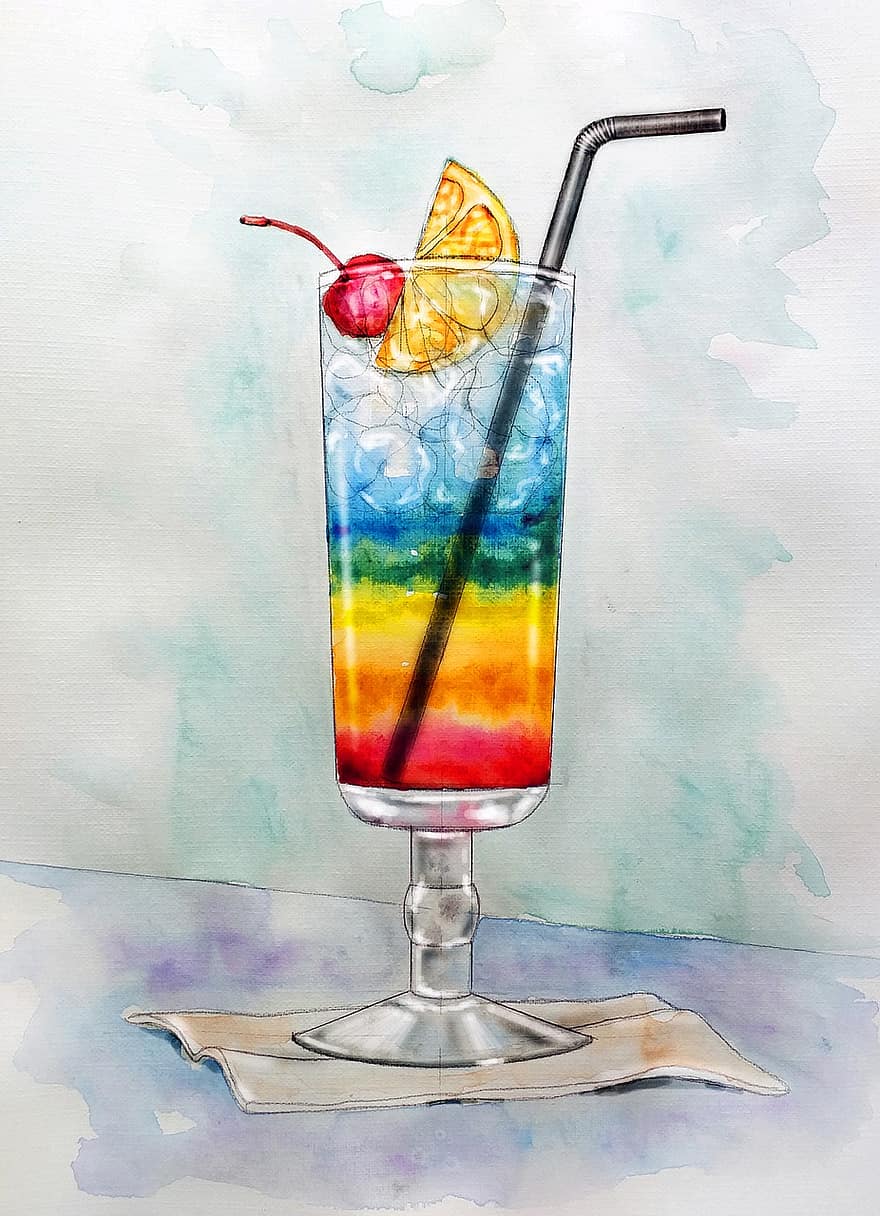 cóctel, beber, arco iris, refrescante, vaso, café, vacaciones, verano, alcohol, en el verano de, aperitivo