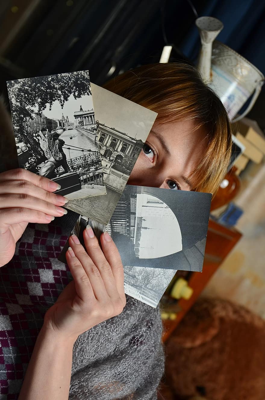 pige, postkort, årgang, retro, øjne, se, fotografier, fotos, sort og hvidt foto, Leningrad, ansigt