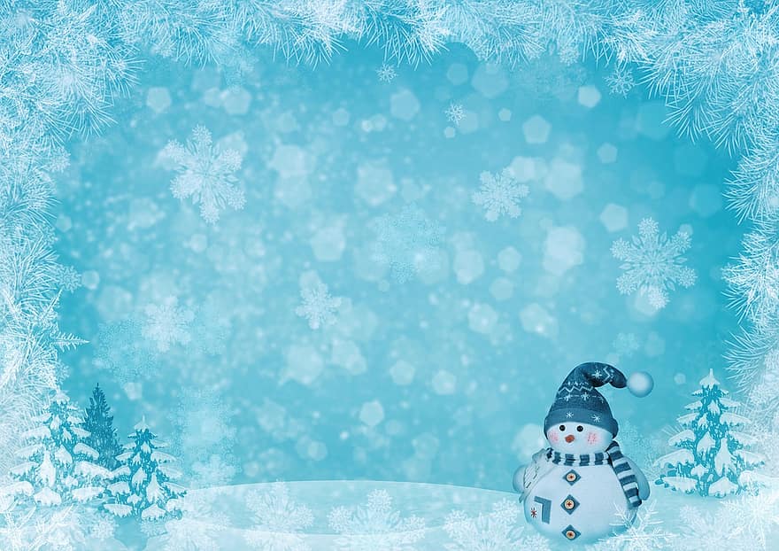 motyw świąteczny, kartka świąteczna, bałwan, krajobraz śniegu, Boże Narodzenie, jodły, zimowy, śnieg, Słodkie, uroczy, płatki śniegu