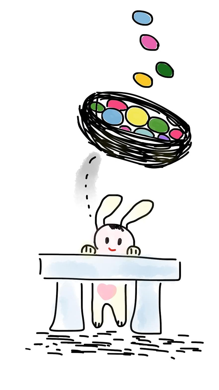 Pascua de Resurrección, conejito, huevos, cesta, Conejo, banco, linda, conejo de Pascua, vacaciones, animal, adorable
