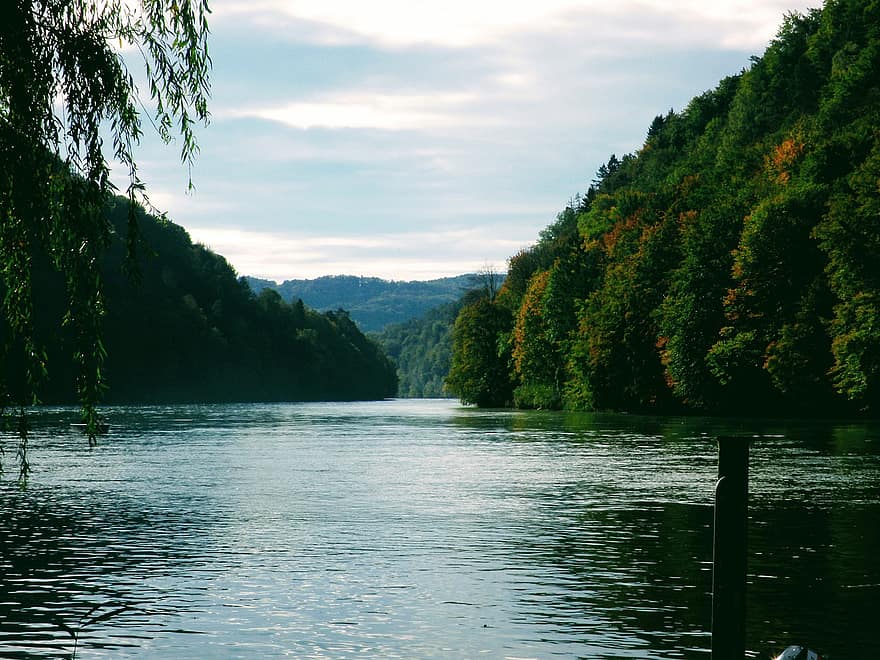 езеро, река, гора, планина, природа, пейзаж, дърво, вода, лято, син, зелен цвят