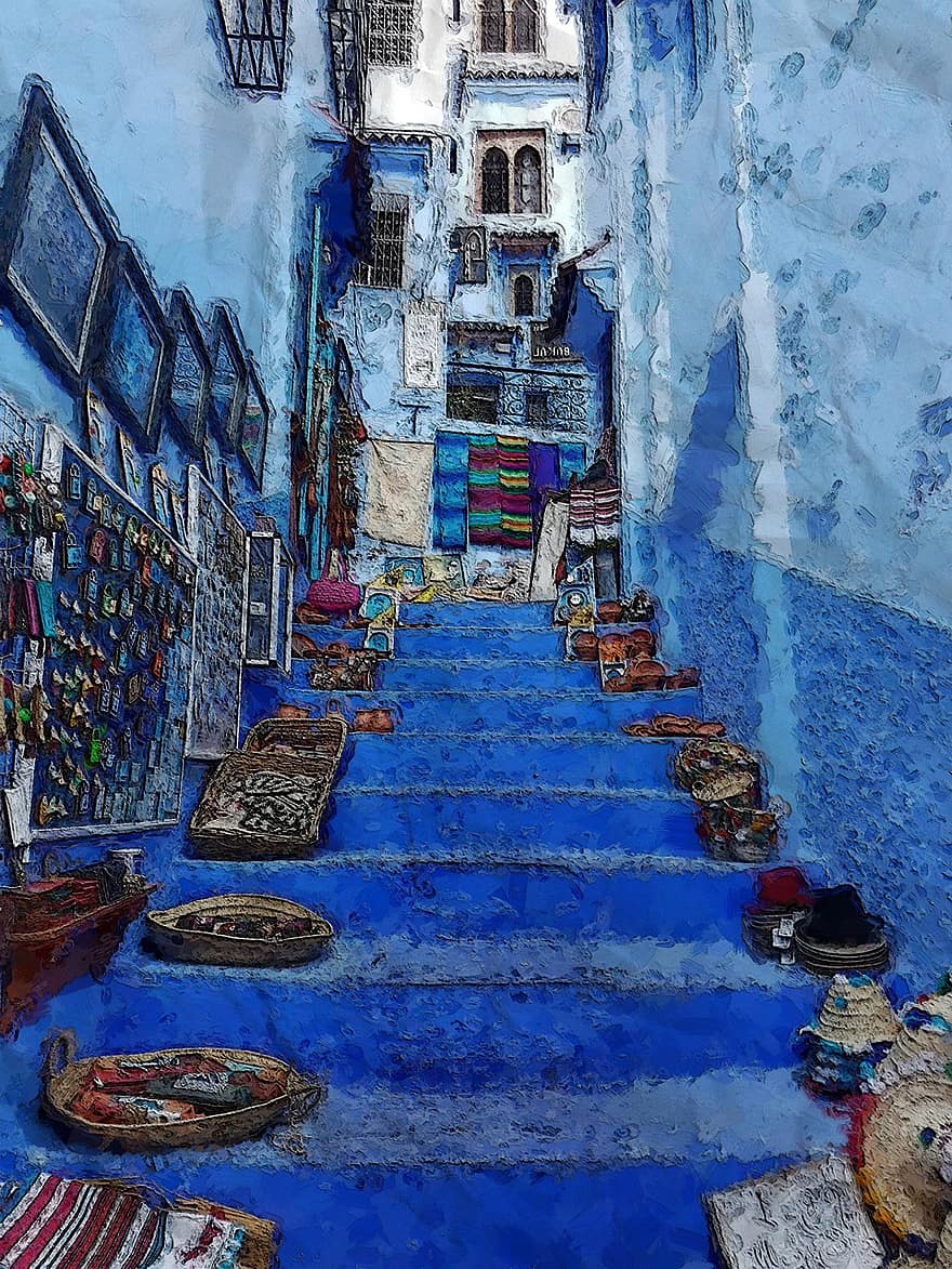 Riippuva galleria, myynti, erä, maalaus, kehys, rappu, sininen, seinä, kivi, rakenne, marokkolainen