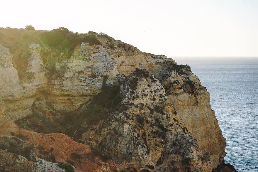 崖、海、自然、日没、ポルトガル、アルガルヴェ、海岸、岩、海岸線、風景、水