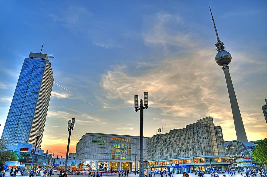 Geschäft, Dom, die Architektur, Sonnenuntergang, kalter Krieg, touristisch, Alexanderplatz, Attraktion, Hintergrund, Berlin, Berliner