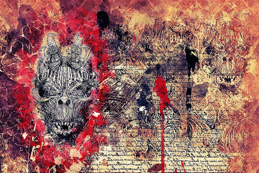 Skull, Horn, Gothic, Art, Abstract, Artistic, Watercolor, Vintage, Dark, Scary, Collage