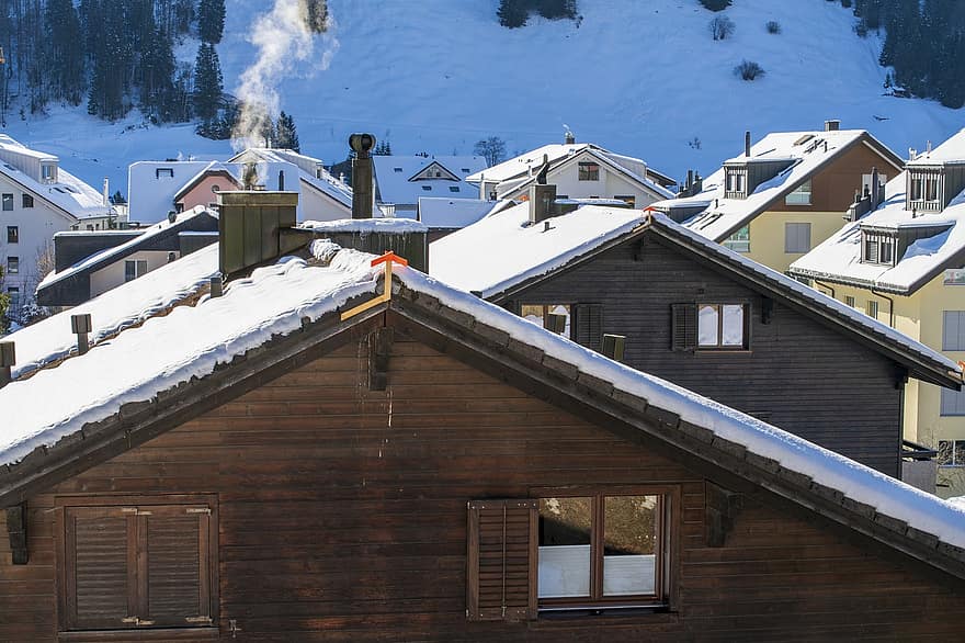 casas, pueblo, invierno, nieve, montaña, edificios, arquitectura, Engelberg