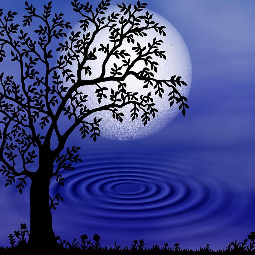 фантастика, облака, Луна, дерево, синий, Природа Фэнтези, ночь