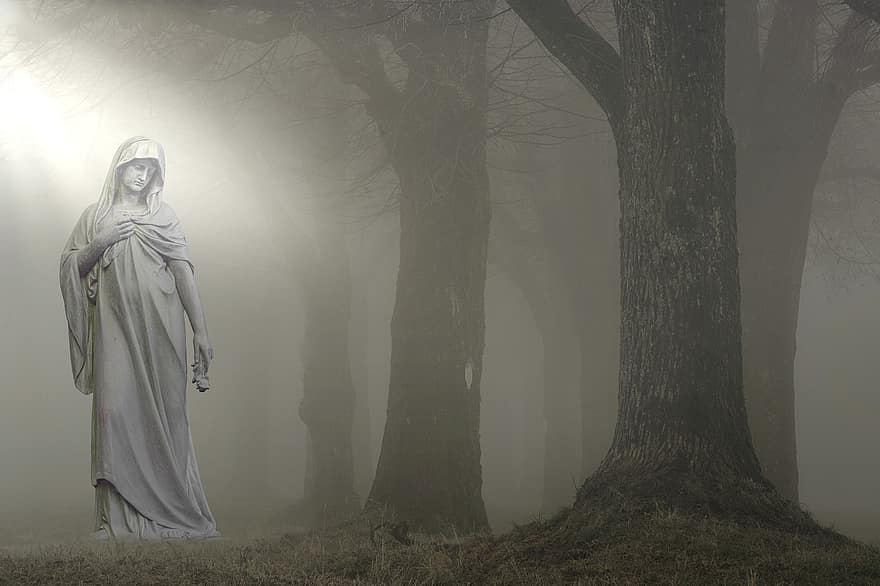 Forest, Statue, Fog, Trees, Sculpture, Landscape, Sunlight, Foggy, Fall, christianity, religion