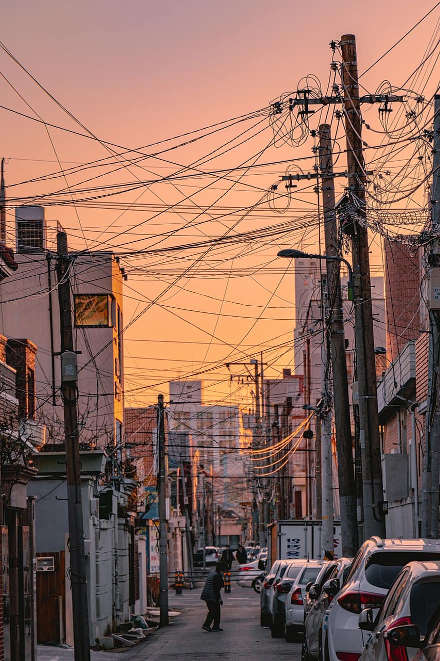 straat, Korea, stad-, zonsondergang, gebouwen, hoogspanningsmast, elektriciteitslijn