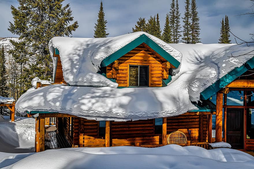kabin, log, hó, mély hó, tető, téli, faipari, évszak, erdő, kunyhó, hegy