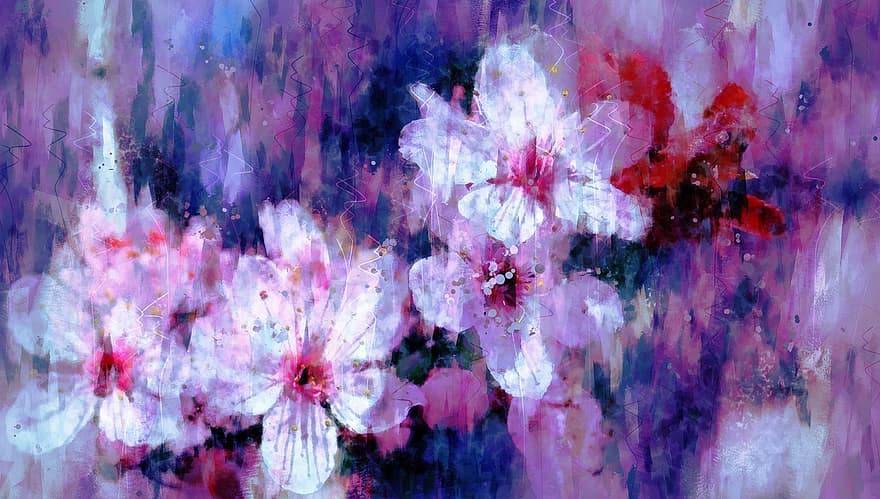 mandlový květ, mandloň, jaro, růžový, květ, kvetoucí větvička, Příroda, květiny, jarní probuzení, poboček, digitální malba
