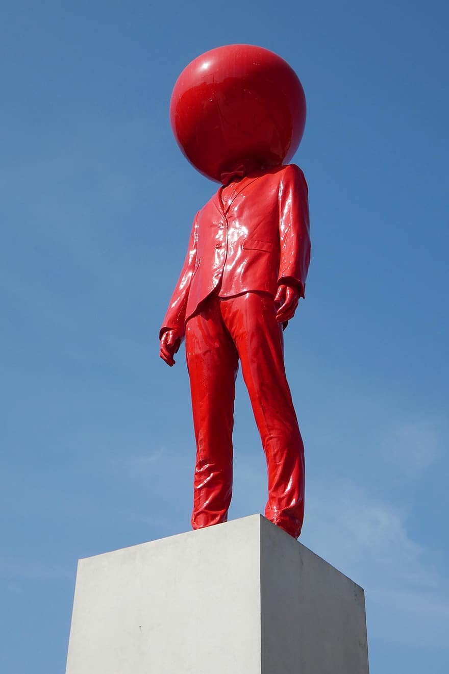 statuja, skulptūra, mākslas instalācija, sarkans, cilvēks, moderns, vīriešiem, viens cilvēks, panākumus, zils, pieaugušais