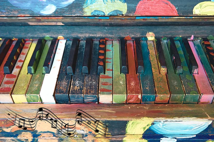 Музыка, план, клавиатура, ключи, мелодия, цвета, творческий подход, образование, старый, книга, разноцветный