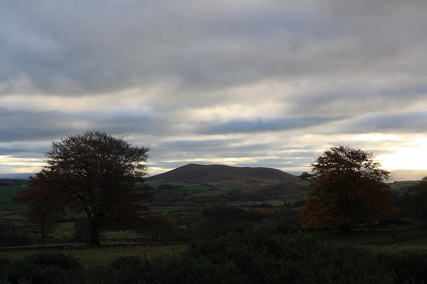 kalns, Korndonas kalns, saullēkts, lauku, ainavu, rudenī, skatuvisks, shropshire