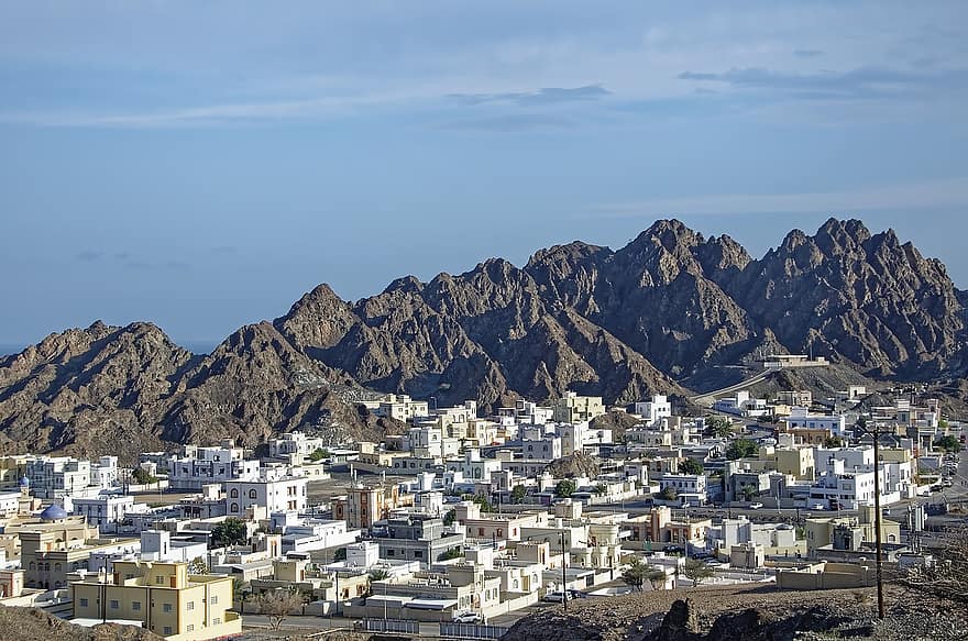 Oman, muscat, by, Qantab, landsby, huse, bjerge, bjergkæde, boligområde, bybilledet, arkitektur