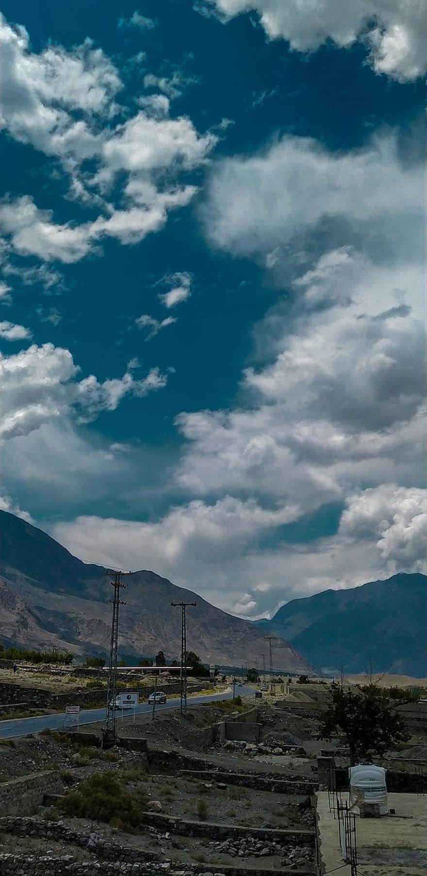 Gilgit-Baltistan, Pakistan, ulko-, pilviä, tie, taivas, sininen, vuori, kontrasti, valjeta, auringonlasku