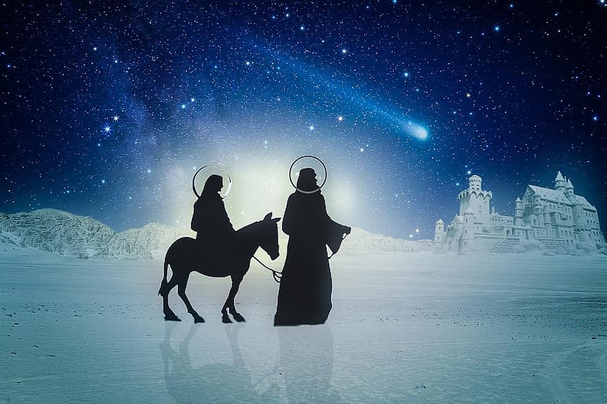 josef, Jozef, maria, ezel, de heilige familie, onderweg, woestijn, sterrenhemel, komeet, kerstverhaal, Kerstmis