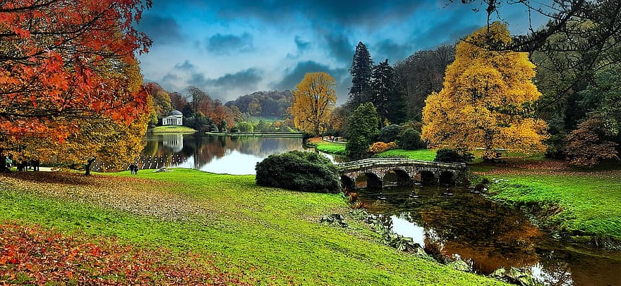 ストーヘッド、ブリッジ、庭園、ストリーム、池、湖、歴史的な、ランドマーク、秋、自然、木