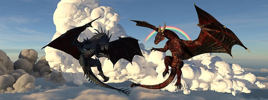 fantasia, dracs, criatures mítiques, Render 3D, retallada, Maqueta 3D, il·lustració, volant, dibuixos animats, núvol, cel