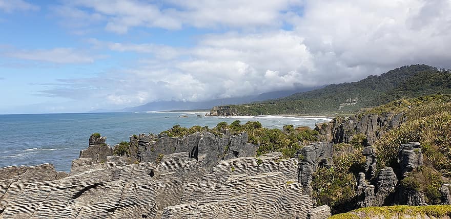 Rochas de panqueca, mar, costa, Nova Zelândia, período de férias