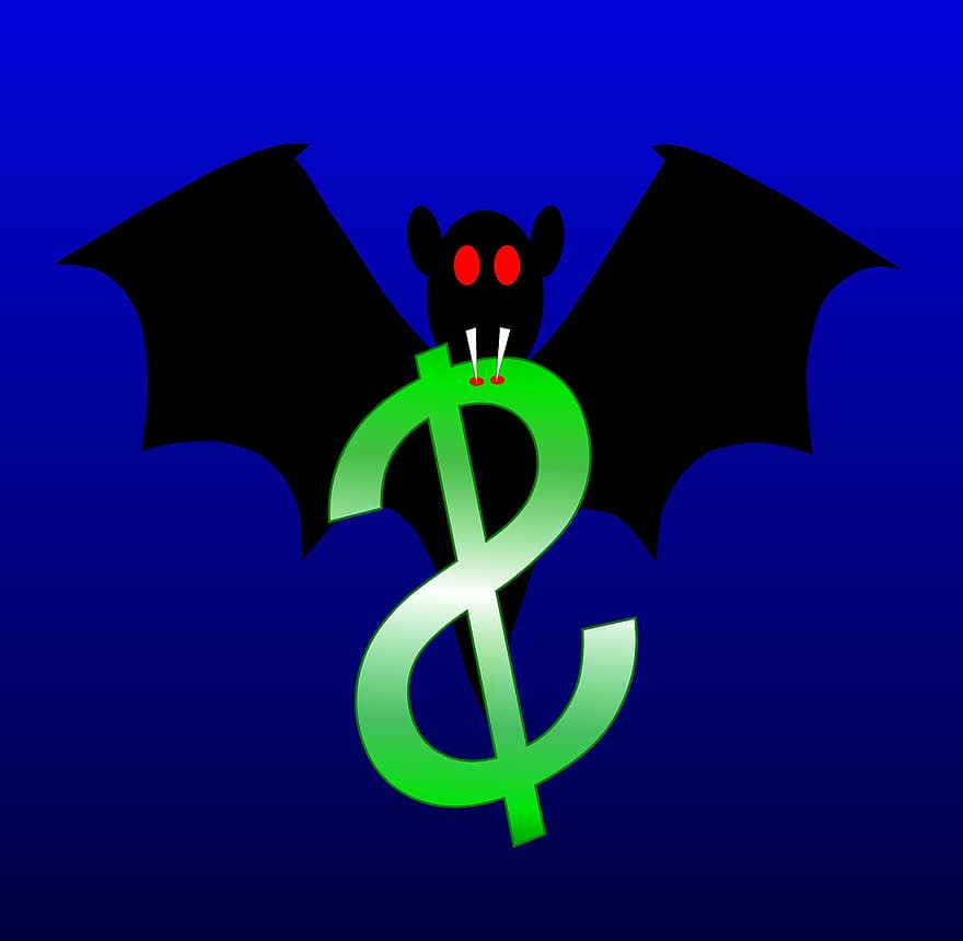 吸血鬼、コウモリ、ハロウィン、ドル、お金を節約、無駄、シンボル、ビル、債務、損失、もったいない