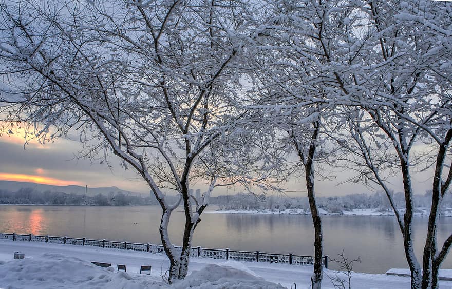 сутрин, пейзаж, зима, студ, природа, небе, река, Енисей, Сиюр, Русия, Красноярск